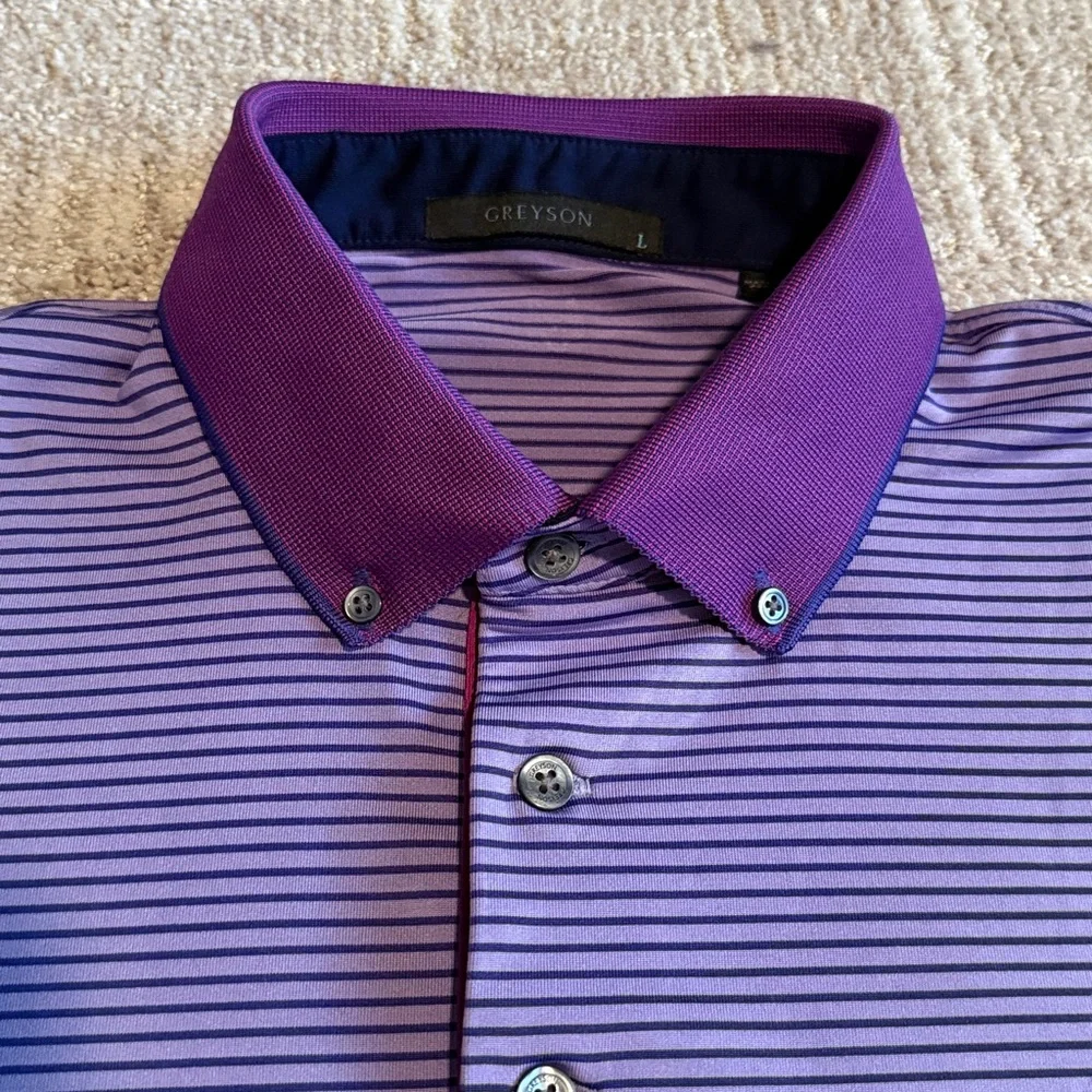 Greyson purple striped polo size large - Picture 2 of 5